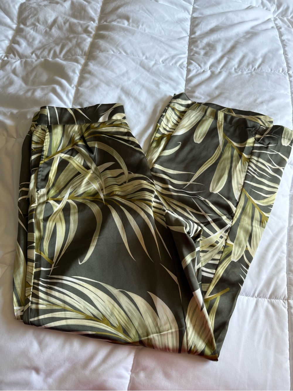 Rachel Zoe Olive and Cream Tropical-Print Satin Pants